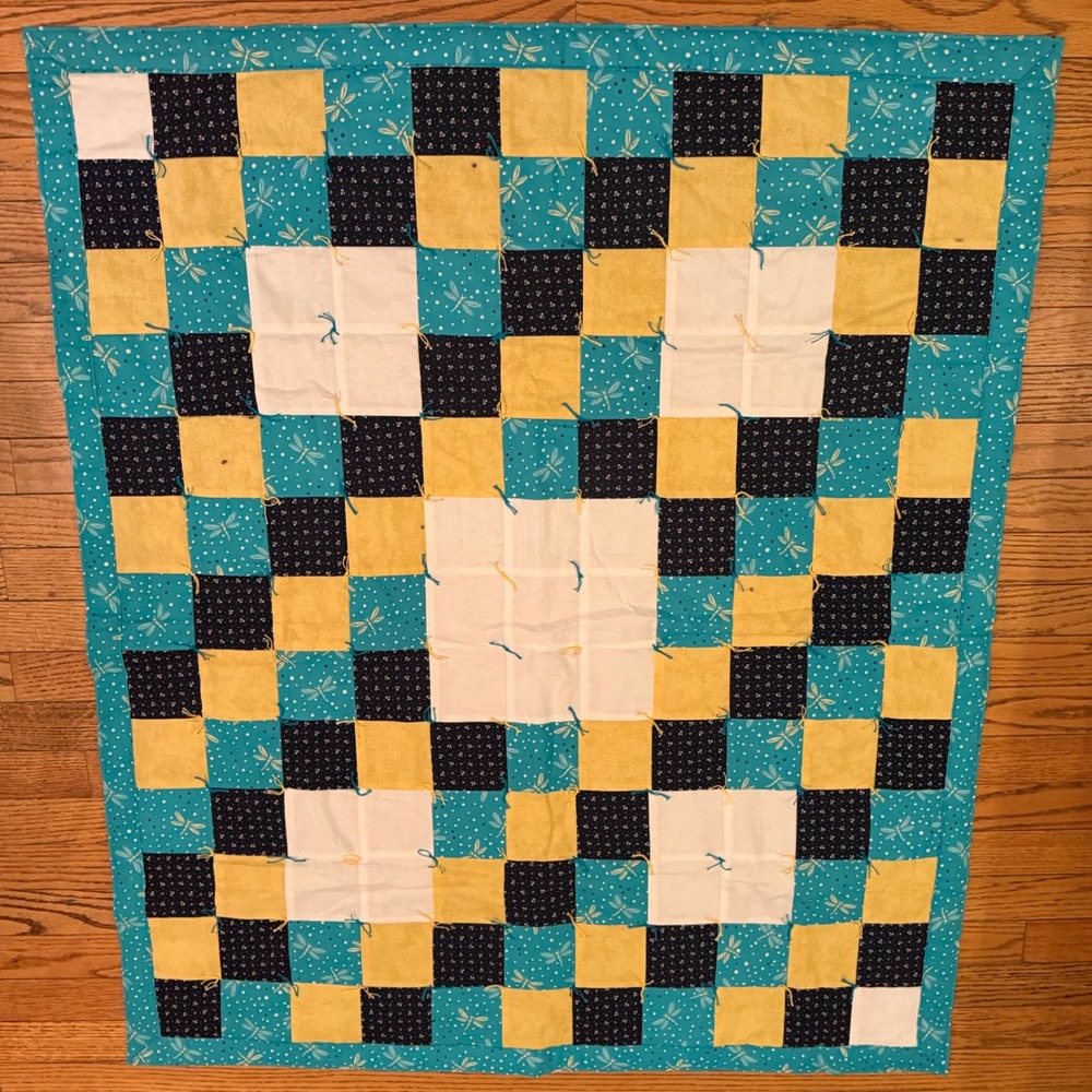 1.a.0.0.7.10 Handmade Tied Patchwork Quilt Teal Yellow Navy Dragonfly Religious